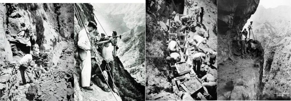 Four archive scenes of levada building: drilling the rock, hauling rubble in carts, and roped work on the face