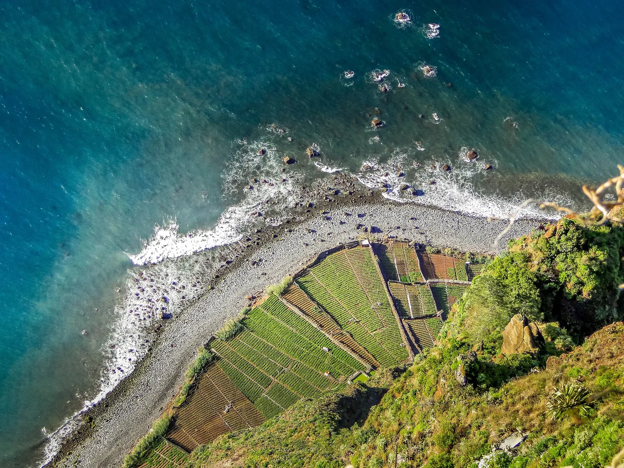 The straight-down view from Cabo Girão skywalk over the terraced fields at the cliff base, Madeira