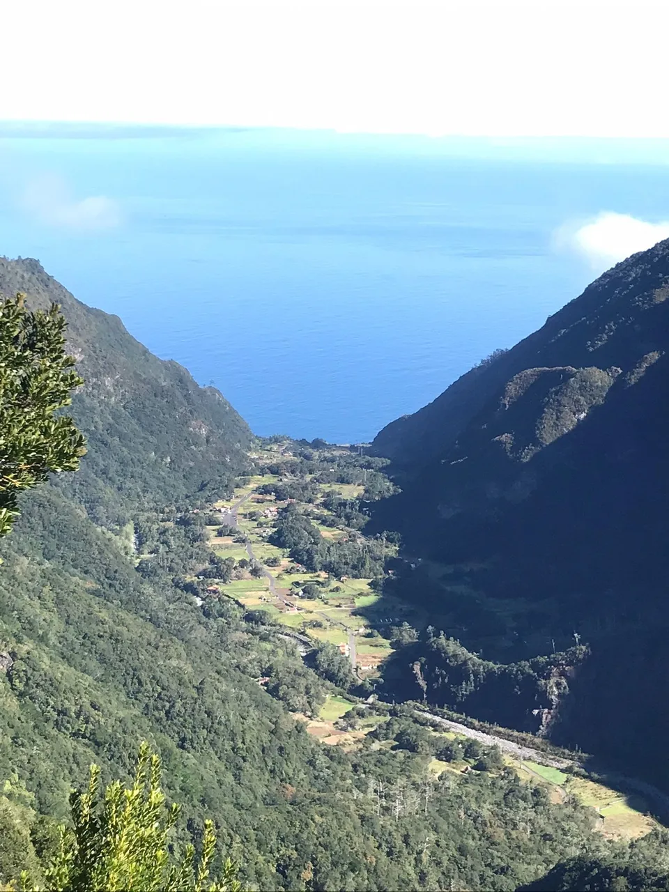 The flat, farmed valley floor of Chão da Ribeira above Seixal, seen from the trail high on the valley side, Madeira