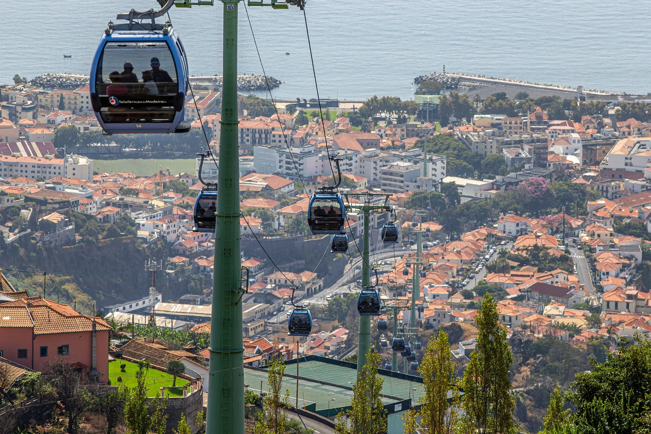 A Teleférico do Funchal cable car gondola over the rooftops of Funchal, Madeira